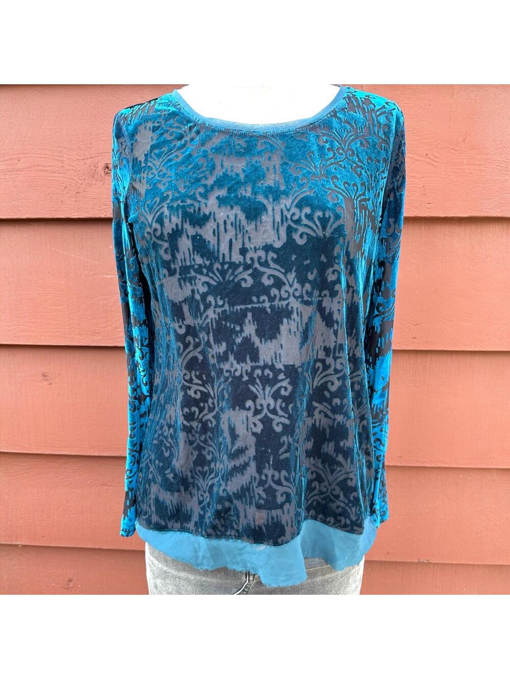 Simply Vera Wang Velvet Burnout Damask Long Sleeve Top Black Blue
